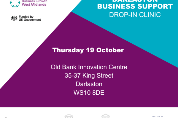 A purple, white and teal background with text that reads Darlaston Business Support Drop in Clinic Thursday 19 October