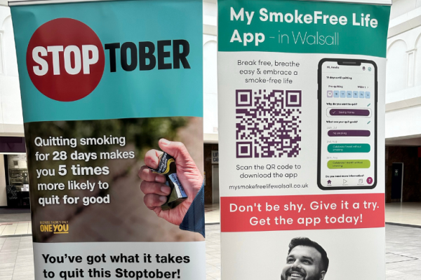 Image depicts two banners about Stoptober and My SmokeFree Life app.