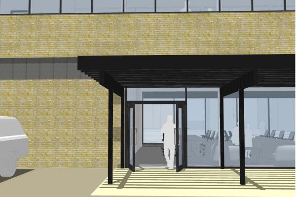 A computer generated image showing the entrance of a building with glass doors and pale brick walls