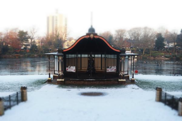 A snowy bandstand at Walsall Arboretum