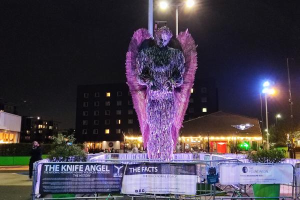A picture of the Knife Angel at night in Walsall