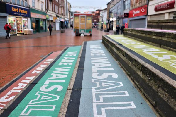 We Are Walsall 2040 steps with a main shopping street stretching out beyond.