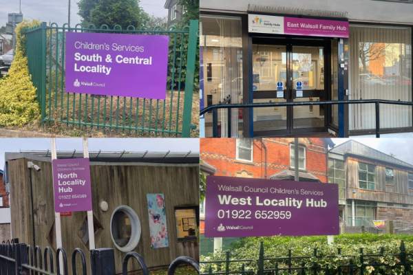 Image depicts four exterior purple signs of taken outside of each Family Hub