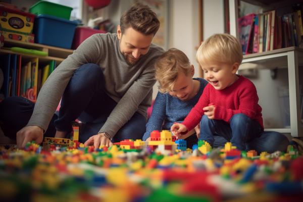 Dad playing lego with children