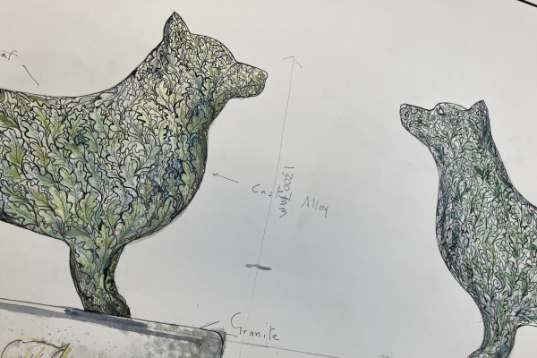 Pencil drawings of corgi sculptures covered in leaves.