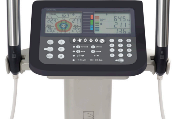 View of the Tanita body scales screen showing the results of a body composition check.