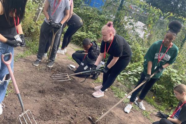 Image depicts young people gardening in an allotment.