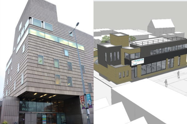 Image depicts two photographs of The New Art Gallery Walsall and an artist impression of Bloxwich Launchpad.