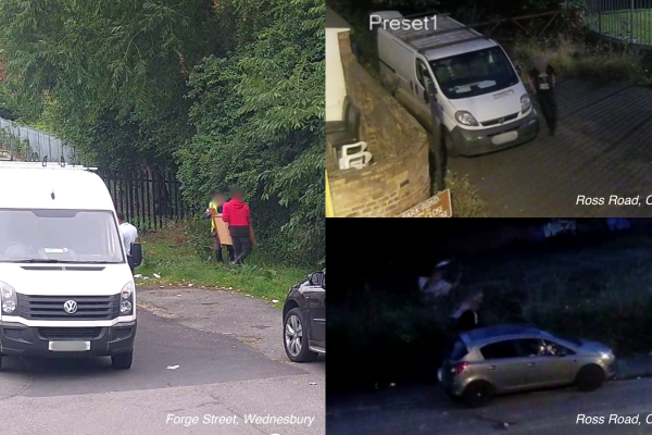 A collage of CCTV footage, capturing fly-tippers in the act. 