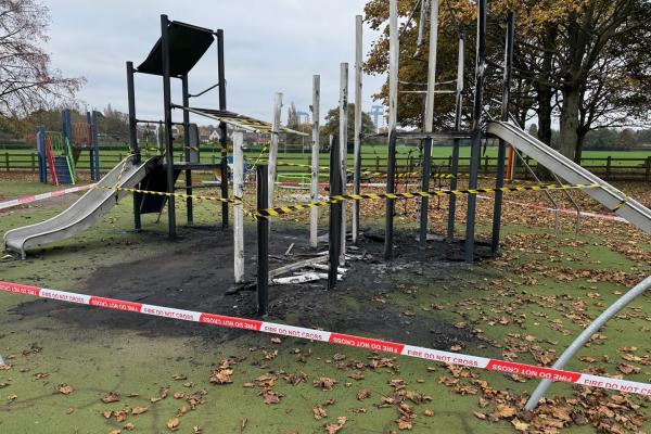 Image depicts play equipment damaged by arson in King George V Playing Fields, Bloxwich.