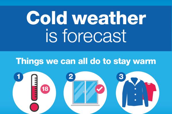 Image depicts cold weather is forecast. Things we can all do to stay warm. 1. Heat rooms to 18 degrees if you can. 2. Keep bedroom windows closed. 3. Wear plenty of layers.