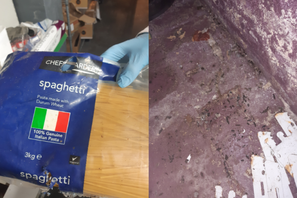 Image depicts two photographs, one of a spaghetti pack and the other of rodent activity in the Lal Haveli establishment in Walsall.