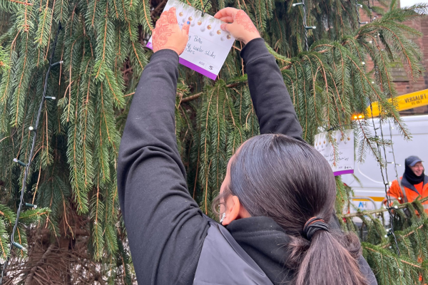 A girl hanging a note on the christmas tree