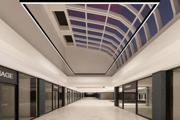 A CGI of a newly refurbished shopping centre, it looks bright and light with smart tiled floor and wood cladded ceilings 