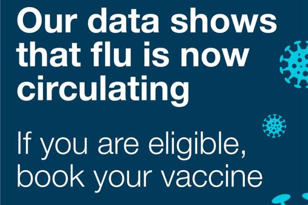 Image reads our data shows that flu is circulating. If you are eligible, book your vaccine.