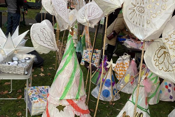 Image depicts decorated lanterns in various shapes and sizes.