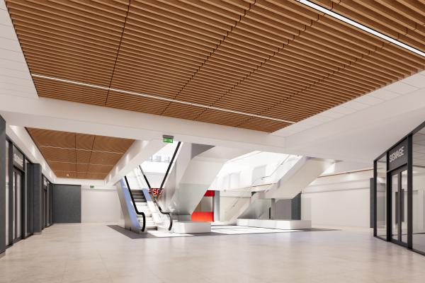 A CGI of a newly refurbished shopping centre, it looks bright and light with smart tiled floor and wood cladded ceilings 