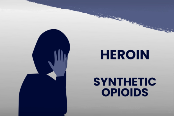 Image depicts a silhouette of a person with their hands on their side. The words Heroin and Synthetic Opioids appear.