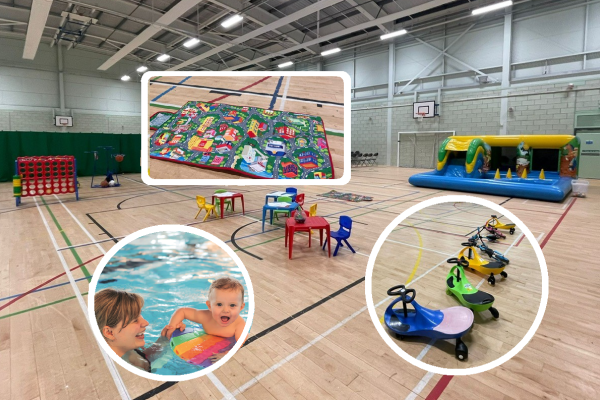 Sportshall with bouncy castle and ride on toys, a giant connect four and an insert image of adult and baby in a swimming pool