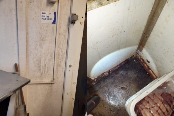 Image depicts two photos of uncleanliness in a food premises.