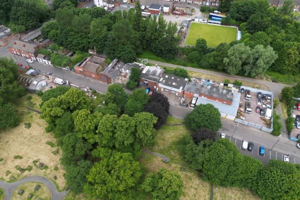 Aerial view of derelict buildings 