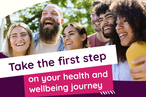 Image reads take the first step on your health and wellbeing journey with a photo of six people together.