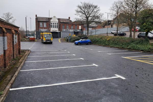 Image depicts a resurfaced car park in Intown Row, Walsall.