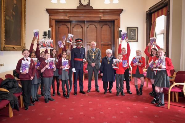 School children from Castlefort Junior and Mixed Infants School and Walsall Wood School with the Mayor of Walsall, Councillor Anthony Harris, and the Deputy Lieutenant for the West Midlands
