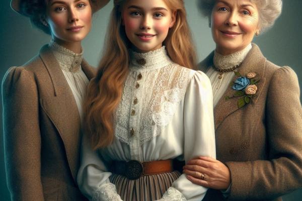 Three ladies in Edwardian clothing, one id wearing a hat, one is wearing gloves and the other has a brooch