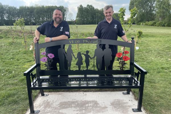 Gary and John standing behind the VE bench at Coppice Farm