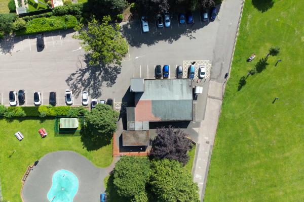 aerial view of a park and play area