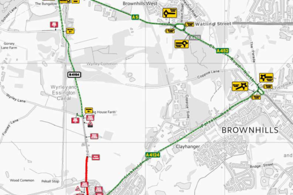 Map showing diversion along A 4124 (Lichfield Road) and A 452 (Chester Road North)