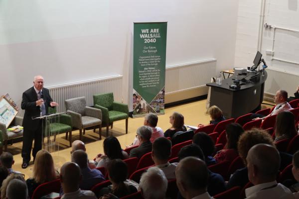 Image depicts Councillor Mike Bird speaking at the We are Walsall 2040 conference.