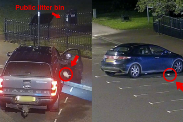 L Mr Mitchell Hedges of Pelsall, dumping litter on Pelsall High Street. R Mr Christian Orton of Derby, dumping litter on Pelsall High Street