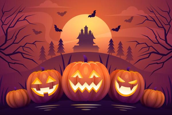 A row of pumpkins in front of a spooky house