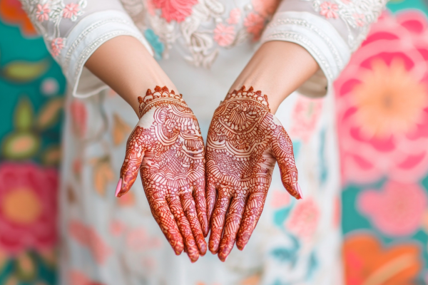 A women with henna on her palms, standing infront of a floral backdrop