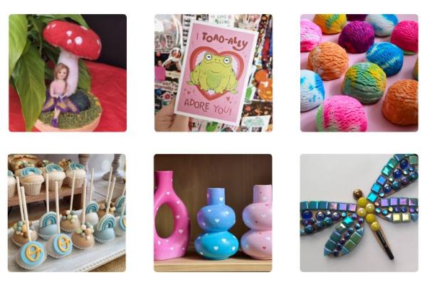 A selection of things being sold at the Makers' Fest - prints, cake and soap
