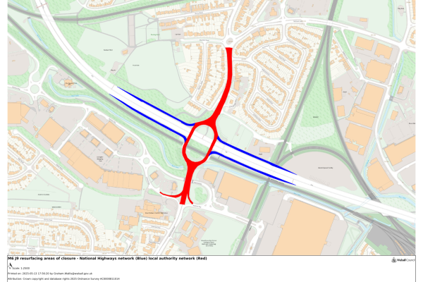 M6 J9 resurfacing areas of closure - National Highways network (Blue) local authority network (Red)