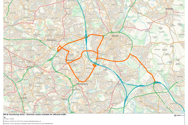 M6 J9 resurfacing works - diversion routes available for aﬀected traﬃc.