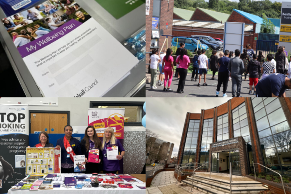 Image depicts a collage of four photographs on the Wellbeing Plan, quit smoking support, young people doing physical activity and Hatherton Medical Centre.