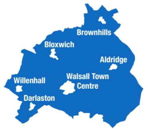 Walsall Borough main towns, Aldrdige, Brownhills, Bloxwich, Willenhall, Darlaston and Walsall town centre.