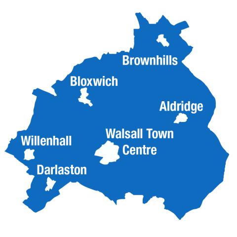 Walsall Borough main towns, Aldrdige, Brownhills, Bloxwich, Willenhall, Darlaston and Walsall town centre.